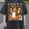 Vintage "Uncle" Text Tee, Multiple Images of a Smiling Dark-haired Man, Distressed Black Shirt, Fan Gift