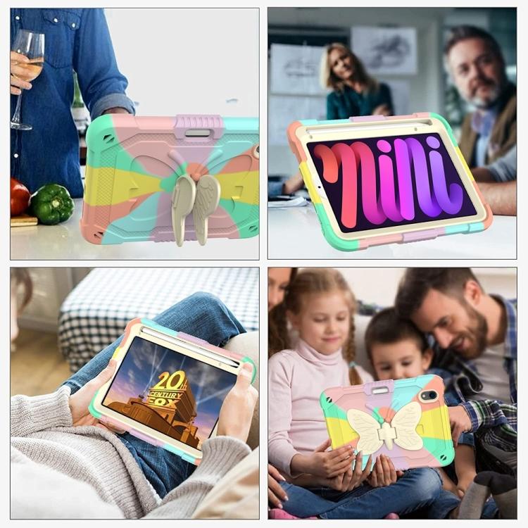 For iPad Mini 6 / Mini 2024 Beige PC + Silicone Anti-drop Protective Tablet Case with Butterfly Shape Holder & Pen Slot