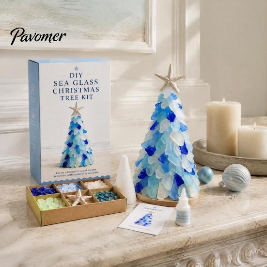 Sea Glass Art Projects for Adults DIY Christmas Tree Kit, 3D Coastal Xmas Craft Kit Creative Relaxing Holiday Activities with Pieces, Handmade