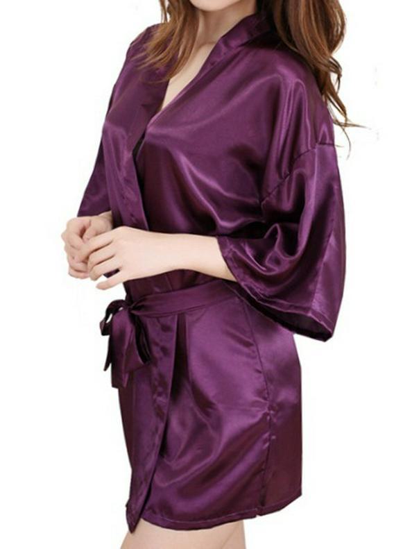 Cămașă de noapte kimono din satin pentru femei – Culoare uni lucioasă, halat de baie de vară scurt și sexy
