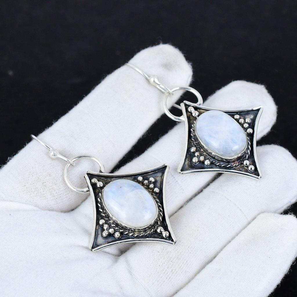 Natural Rainbow Moonstone Antique Earrings 925 Sterling Silver Earring, Boho Silver Jewelry Dangle Earrings, Gifts For Enganement Gifts For Her