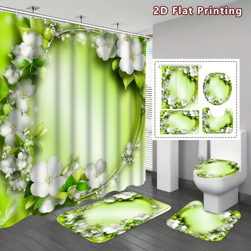 Set Tenda da Doccia da 4 Pezzi con Tappetino Antiscivolo per Bagno, Copriwater, Tappeto Sagomato e 12 Ganci, Decorazione per Bagno
