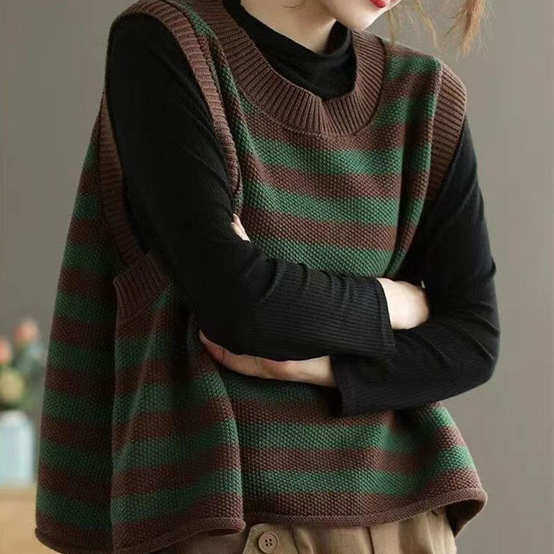 Vintage Gestreifter Gespleißter Pulloverweste Frühling Herbst Koreanisch Locker Damenbekleidung Lässig Rundhals Ärmellos Gestrickte Pullover