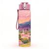 1PC Pink Sunset Mountain Village Landscape Art 750ml Color Plastic Sports Water Bottle Leakproof Flip Straw Lid Suitable for Sports Office Home Use