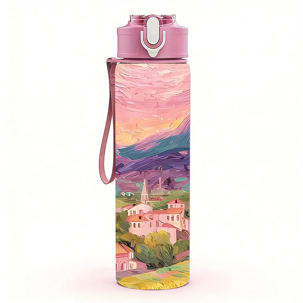 1PC Pink Sunset Mountain Village Landscape Art 750ml Color Plastic Sports Water Bottle Leakproof Flip Straw Lid Suitable for Sports Office Home Use