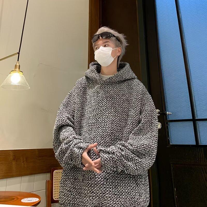 

Retro Style Hooded Sweatshirt Men s Spring New Mixed Color Tweed Loose Pullover Long-sleeved Top M