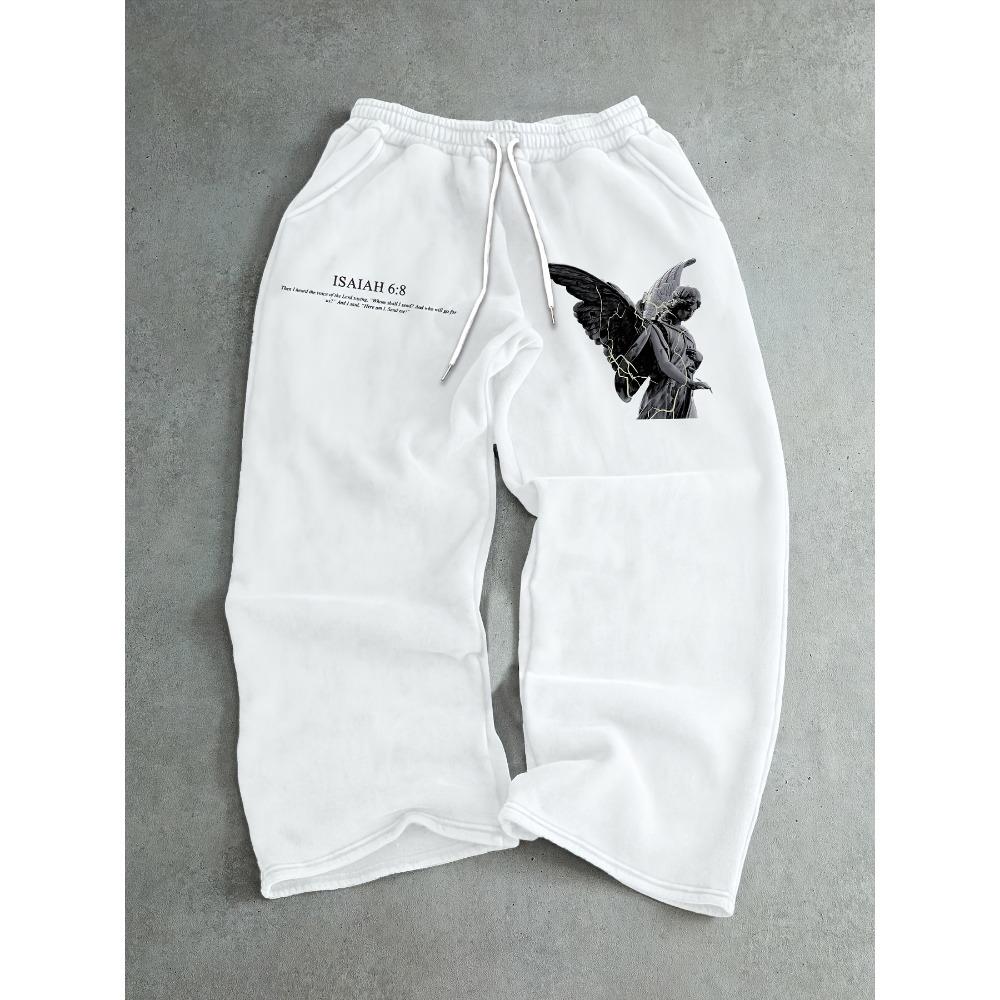 Men's Drawstring Waist Printed Pants, Angel Printed Sports Pants, Comfortable and Stylish Casual Daily Wide Leg Pants
