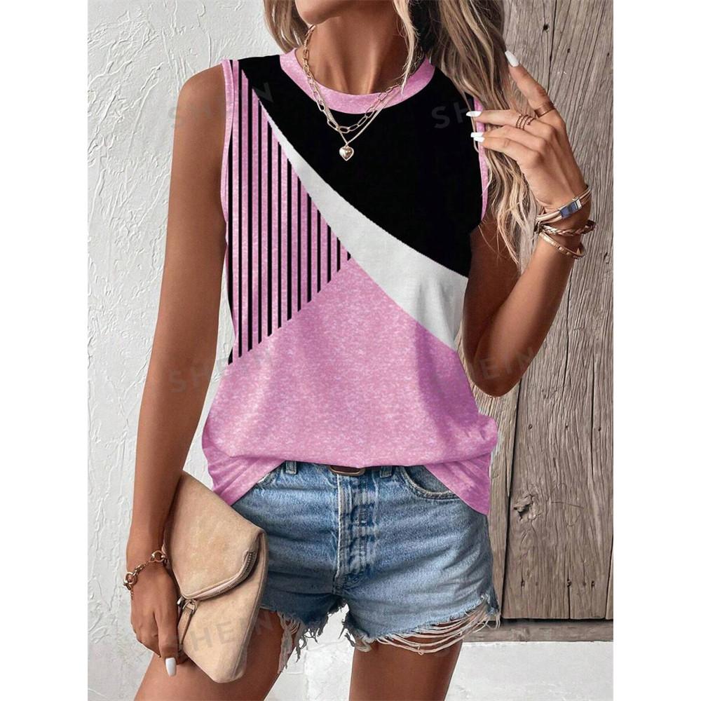 Summer color splicing 3D printing women s fashionable O-neck vest S