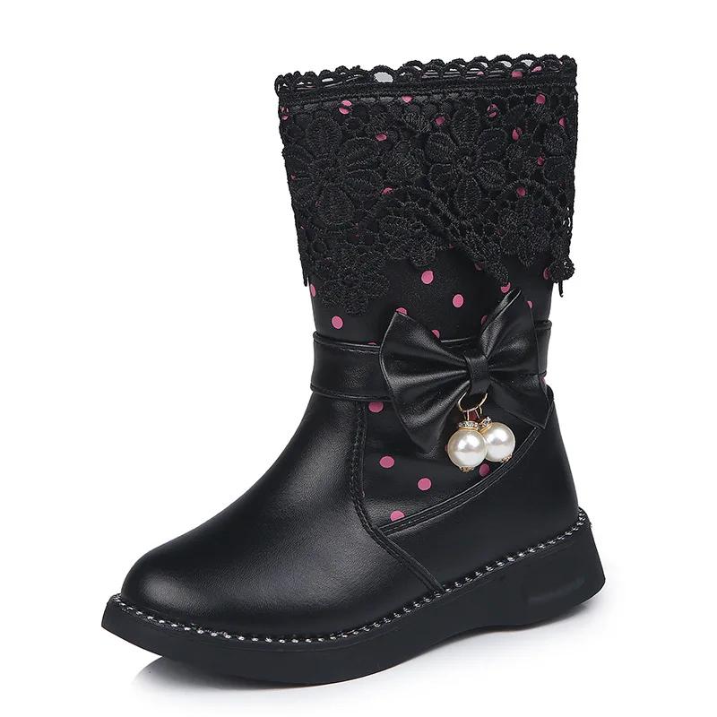 Children Fashion Leather Boots Versatile Lace Beautiful Elegant Princess Shoes PU Cotton Kids Shoes Classic Boots Drop Shipping