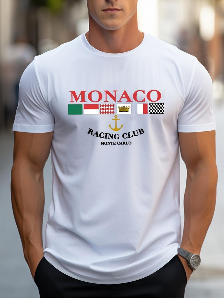 Summer Mens Polyester Fabric Breathable Round Neck TshirtMONACO Letter Printed Outdoor Casual Top for Fun