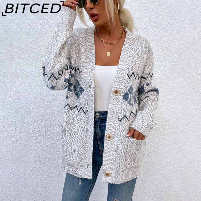 

BITCED Fall/Winter Women s Christmas Snowflake Knit Sweater Single-Button Pocket Sweater XL светло-серый