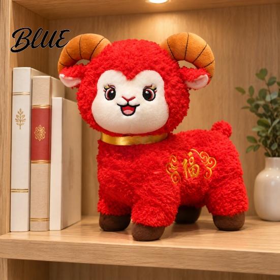 Three Dimensional Horn Toy Lucky Sheep Plush Toy Chinese New Year Zodiac Mascot with Fu Cute Collectible Embroidery Red Curly Fur Doll for