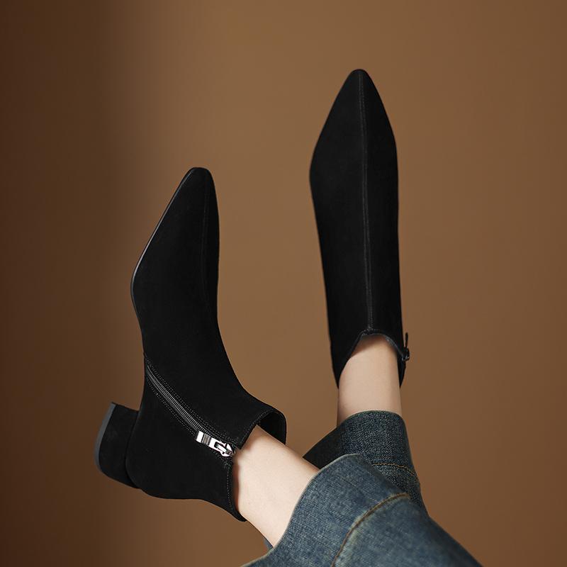 Fashion 2025 New Autumn Women Boots Cow Suede Fashion Chelsea Boots for Women Pointed Toe Short Ankle Boots Med Heels Ladies Shoes