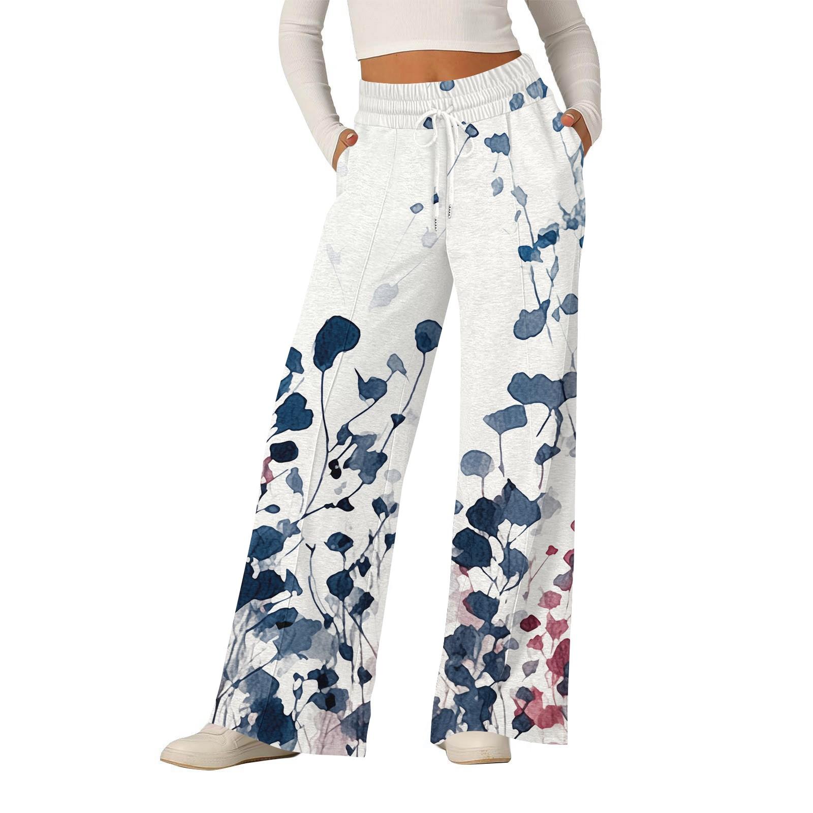 Women s Fashionable Loose Casual Wide Leg Pants Floral Prints XL синий