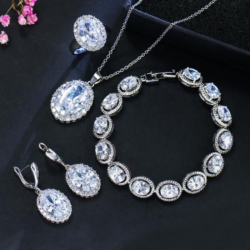 Dinner Wedding Set, Earrings, Ring Necklace, Four-Piece Set, Brass Micro-Zircon Jewelry.