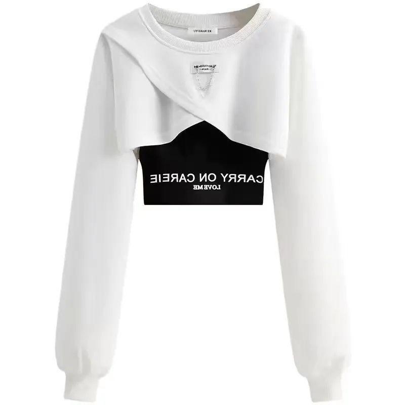 Lente Herfst Dames Mode Crop Sweatshirt Letter Sling Print Broek 1 of 3 Delige Set Dames Cool Streetwear Outfits Tops Broeken