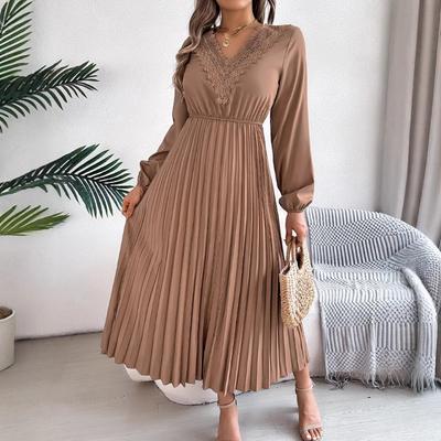 Damen Frühling und Sommer Elegant Temperament V-Ausschnitt Spitze Taille Plissee Langes Kleid