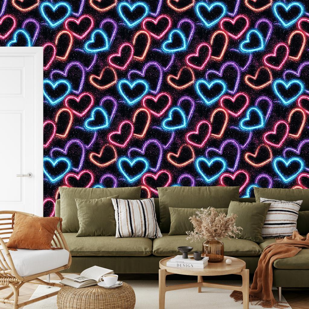 Neon Glitter Hearts Wallpaper Black and Burgundy 50x1000