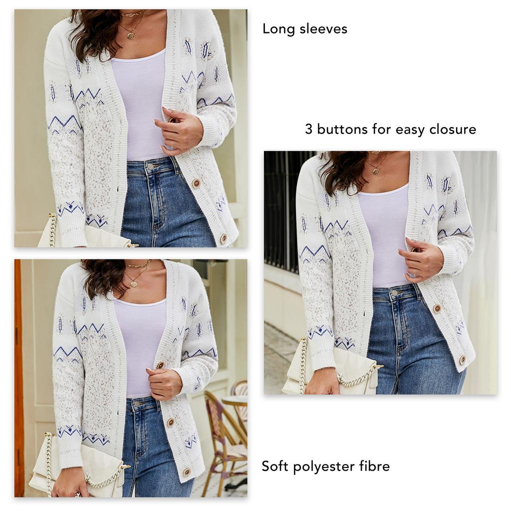 Women Knitted Coat V Neck Special Print Color Contrast Button Closure Long Sleeves Sweater Coat for