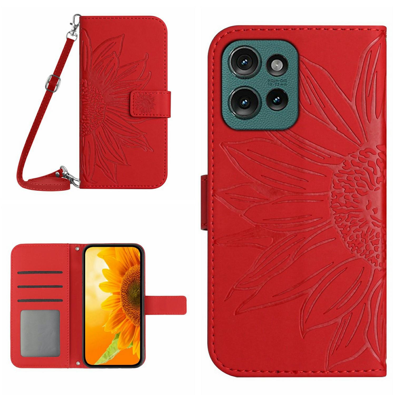 

For Motorola Moto G 5G (2025) Case Sunflower Imprint PU Leather Phone Cover with Long Strap Red