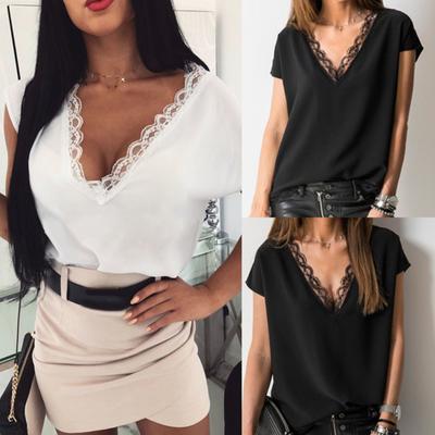 Summer Women Sexy Solid Color Lace Patchwork V Neck Short Sleeve T-Shirt Top