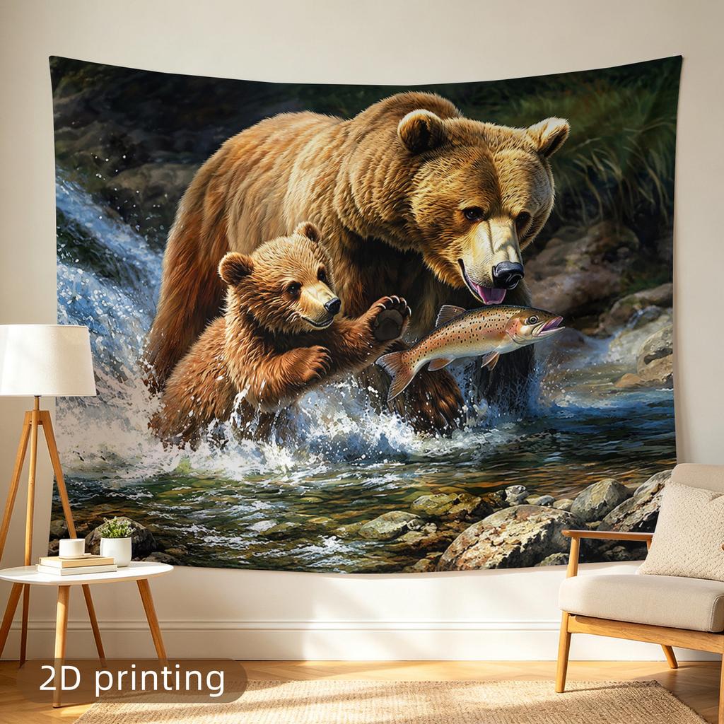 Grande Tappezzeria Decorativa Orso e Cucciolo Fauna Selvatica Stampa su Tela Foresta Rustica Decorazione Murale Artistica da Appendere per Cabina Camera da Letto Soggiorno