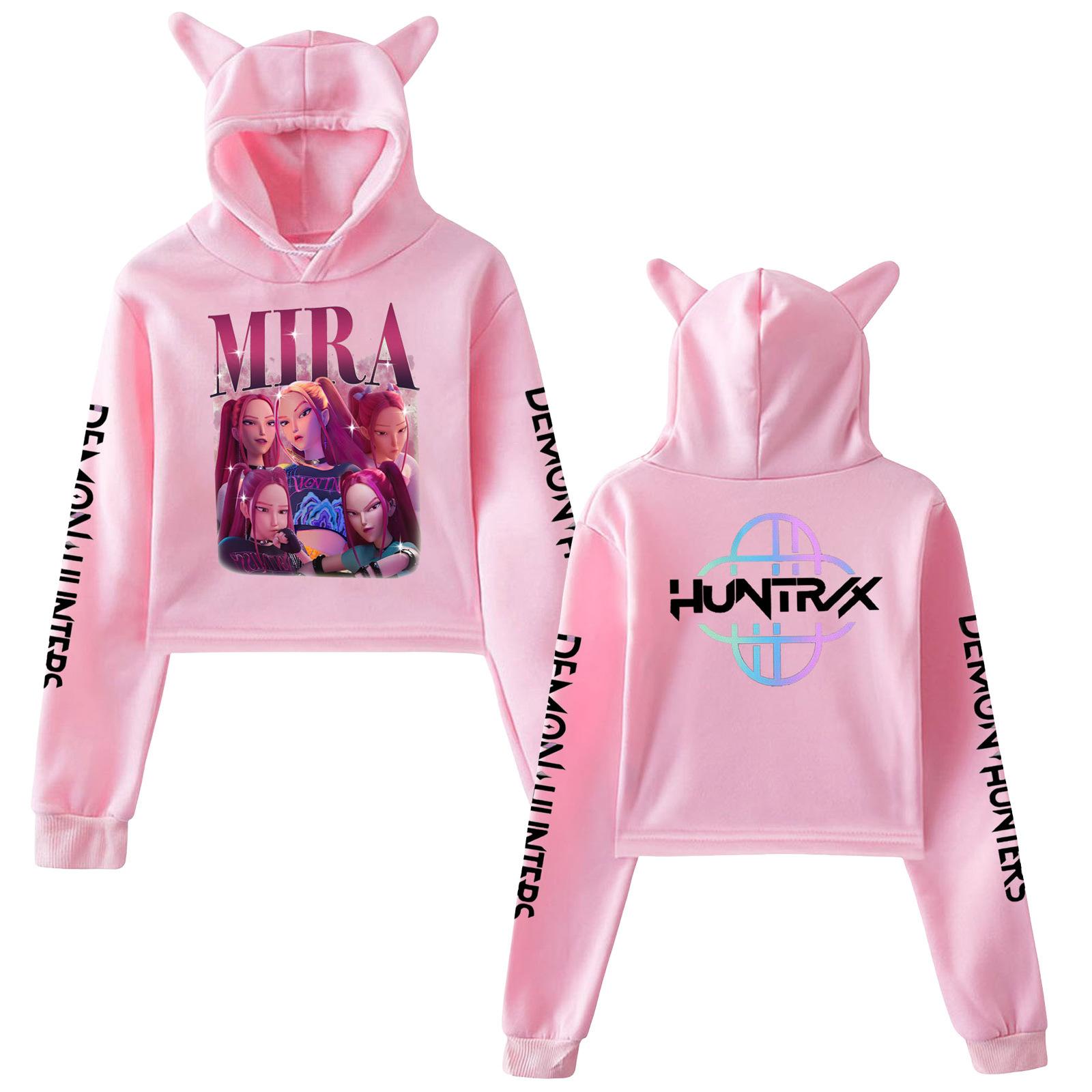 

Модный Kpop Худи Охотники на демонов Huntrix С капюшоном с кошачьими ушками Пуловер Руми Мира Зои Узор Косплей Костюм Студенческие Осенние Топы XS розовый