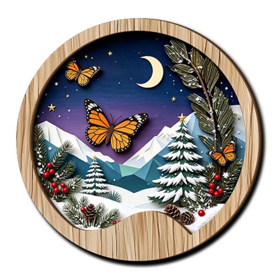 Multi Layered Wood Wall Sculpture Round Wooden Winter Mountain Art with 3D Snow Scenery for Holiday Handcrafted View Decor Home Decor, Rustic