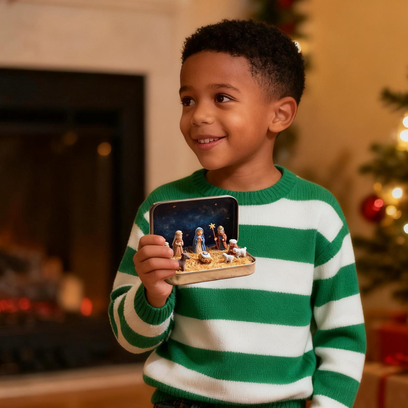 Набор  Рождество  в жестяной коробке Портативный Декоративный Религиозный 3D Украшение Рождественские Фигурки Иисуса в Жестяной Коробке Для Стола Полки Офиса CHINA