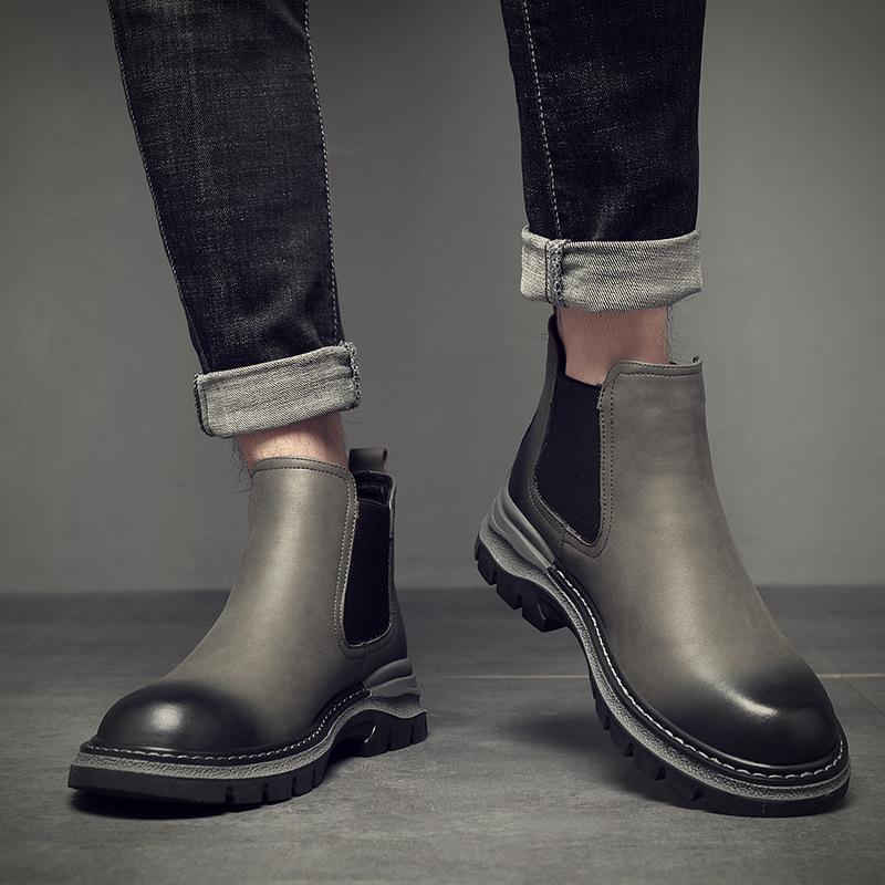 Fashion men's casual chelsea boots grey autumn winter shoes cowboy original leather boot youth street style platform ankle botas hombre