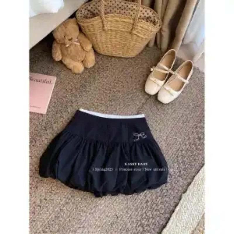 Girls' Khaki Bubble Mini Skirt High Waist Elastic Waistband Puff Princess Style Skirt