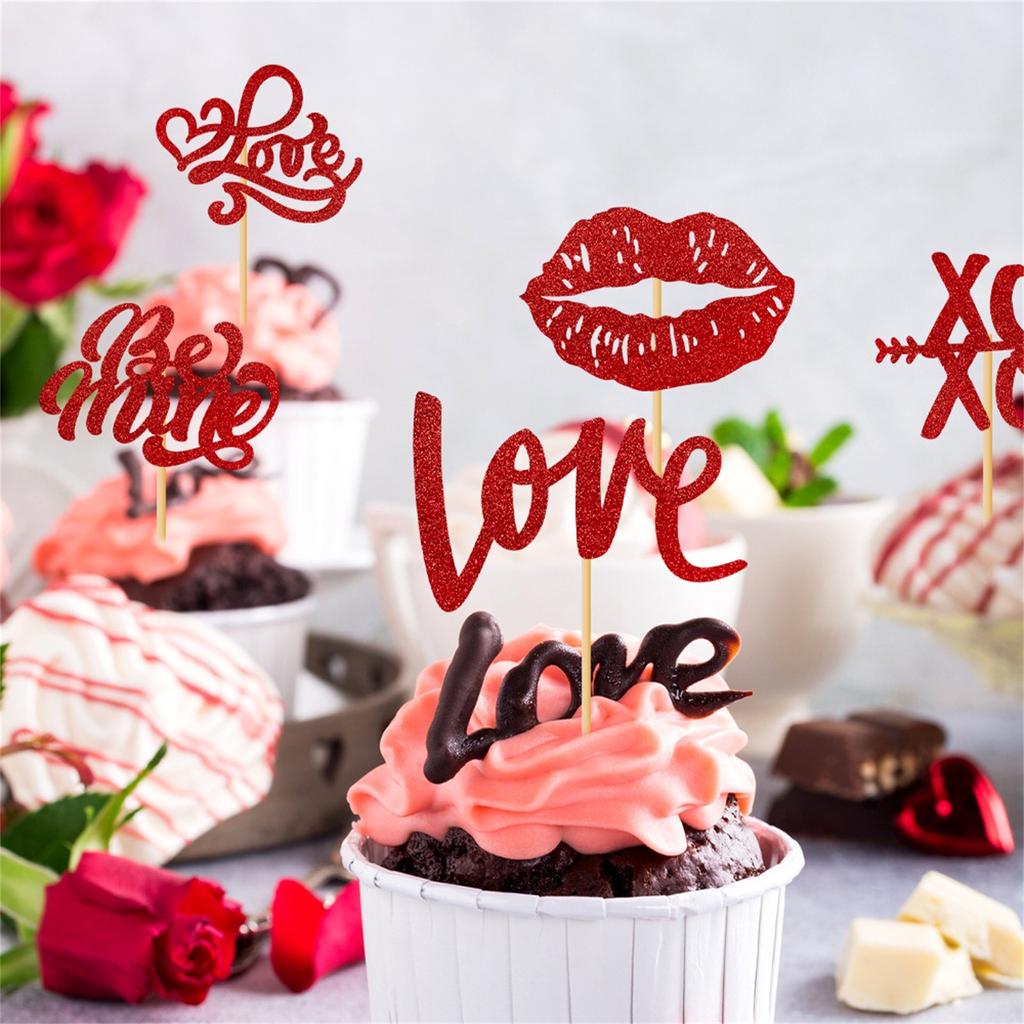 Happy Valentine's Day Cupcake Glitter Love Lips I Love Is My Cupcake Valentine's Day Choice Theme Wedding Party Cake Decoration Red Supplies