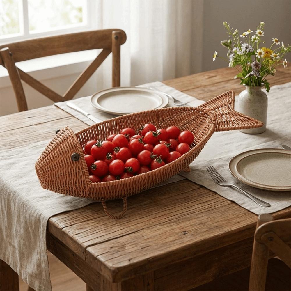 Fish Shape Snack Fruit Plate Plastic Woven Storage Basket Cute Drain Basket  Kitchen Storage