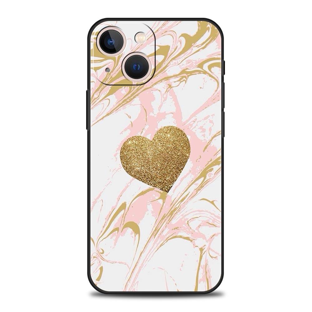 Gold Rose Love Heart Phone Case For iPhone 17 16 15 Pro Max 11 12 13 14 7 8 Plus SE 2020 X XR XS Cover Soft Black