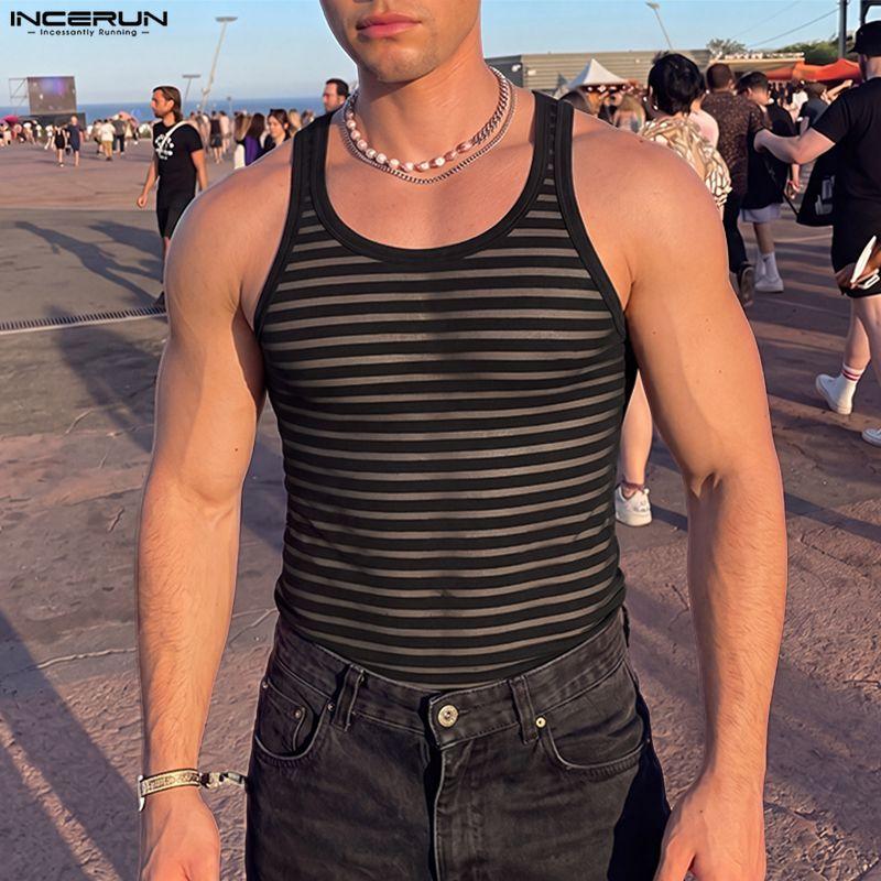 INCERUN Herren Rundhals Ärmellose Netz Durchsichtig Gestreifte Tanktops