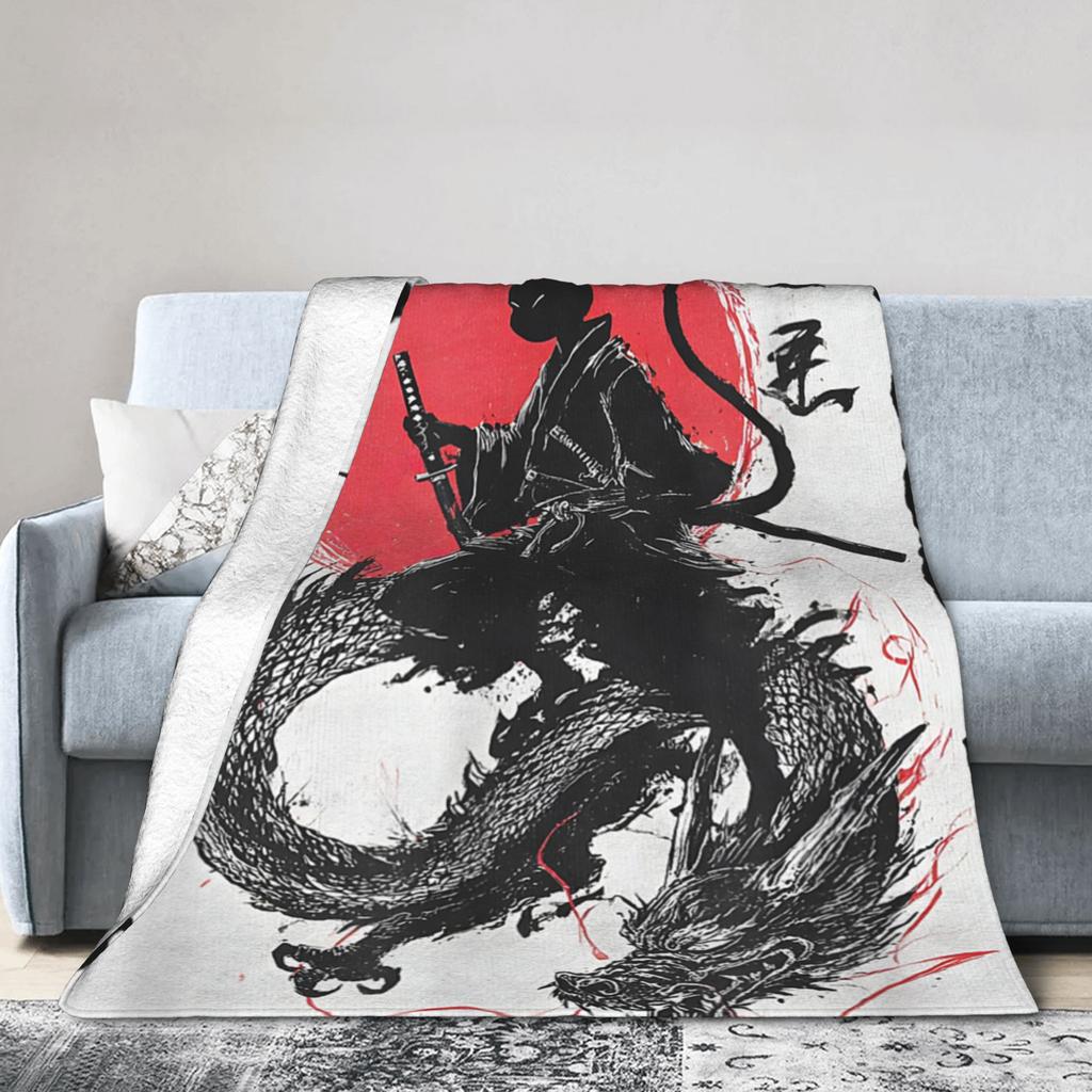 Ukiyo-e Samurai Japanese Ink Art Cat Fashion Blanket Flannel Autumn Winter Vintage Artwork Multifunction Thin Throw Fashion Blanket Bedsprea