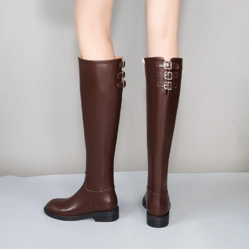 Fashion Round Head Thick Heel But Knee Boots Belt Buckle Spice Girl Versatile Knight Boots Martin Boots