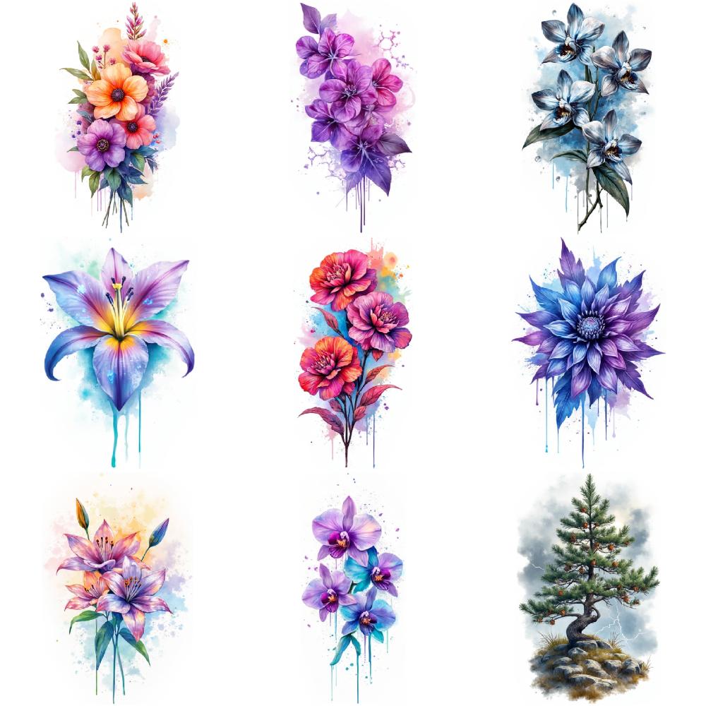 9pcs Temporary Tattoo Watercolor Wisteria Arch Sunflower Pine Tree For Chest Children Arms