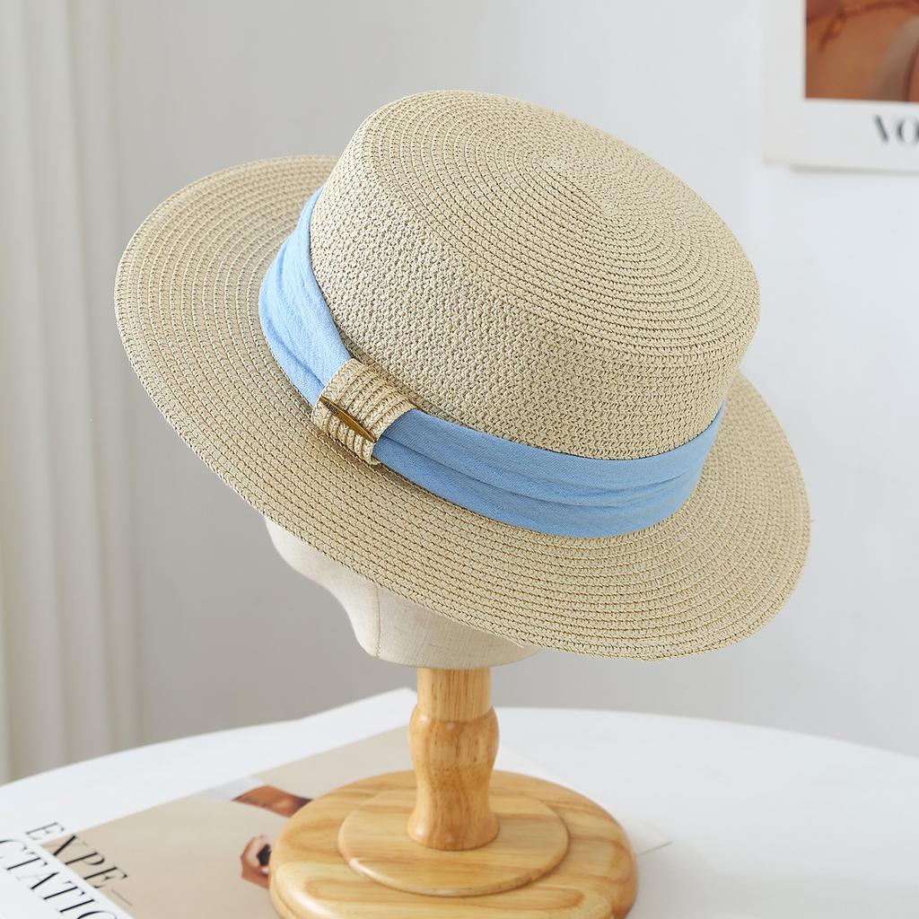 Japanese and Korean top hat Flat top straw hat Women's high-end straw hat, sun protection sun hat Holiday straw hat Seaside beach hat