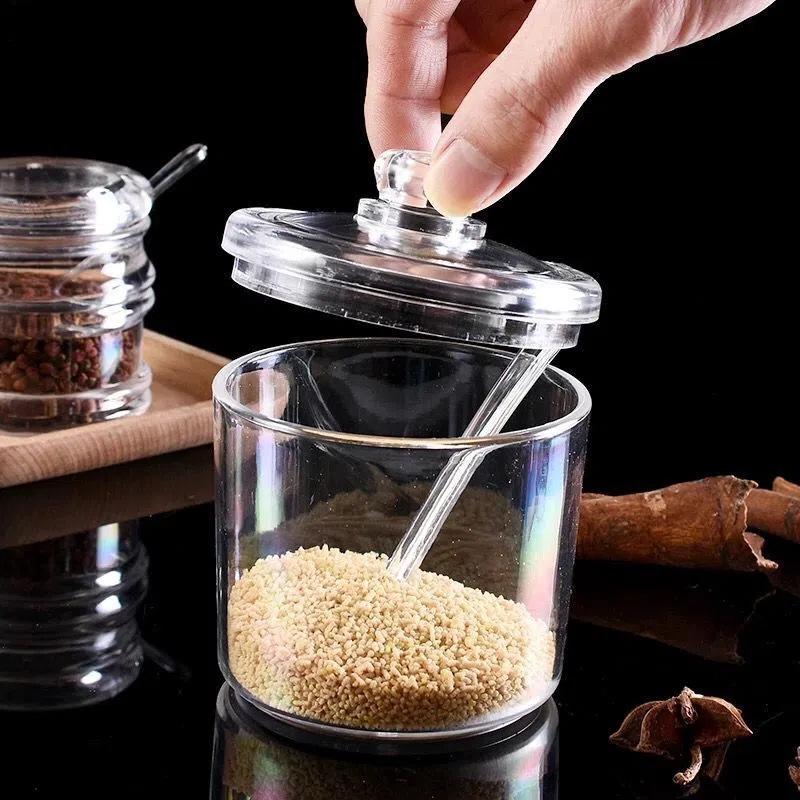 Transparenter Acryl-Gewürzbehälter mit Löffel - Küchen-Gewürzhalter für Salz, Zucker oder Gewürze