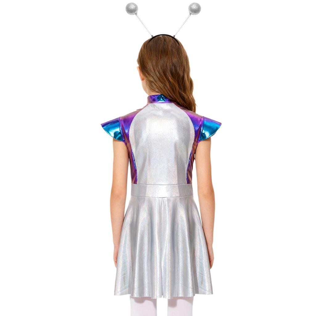 Girls Alien Costume Set Cap Sleeves High Waist Design A-Line Dress Outer Space Cutie Outfit Hair Hoop Included
