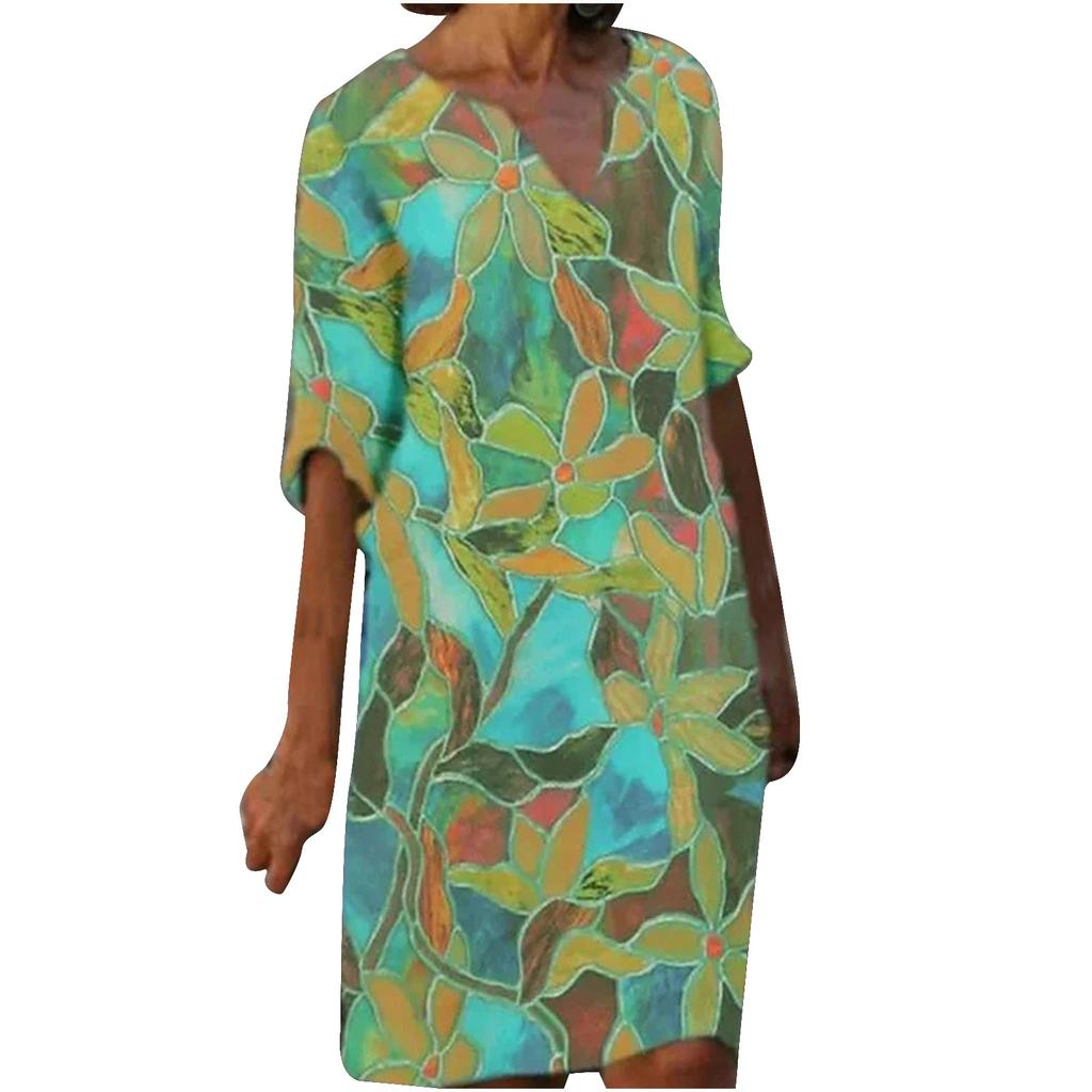 Women Half Sleeve V-Neck Casual Hot Vacation Printed Short   Dress