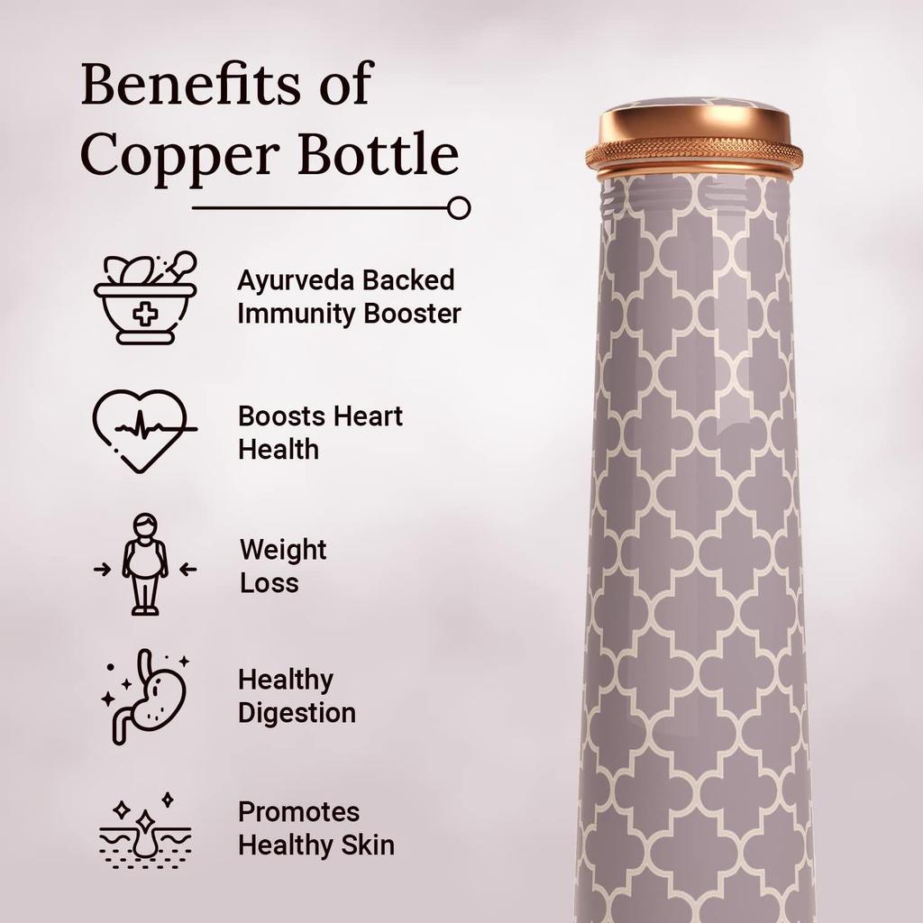 Tower Copper Water Bottle with Printed Smooth Grey Design Pure Tamba Leakproof Suitable Birthday Gift for Men & Women by ebstore, 750 ml (Pack of 1)