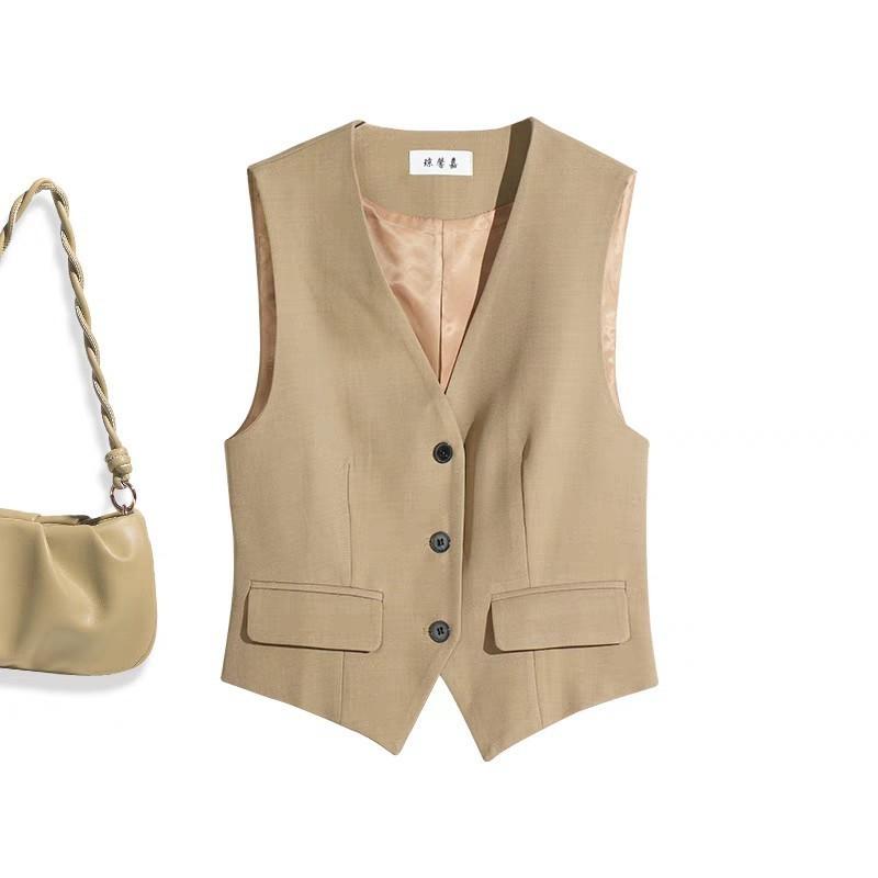 

Женский костюм, Жилет, Женский жилет, Приталенный крой, Многослойная короткая майка без рукавов XL хаки