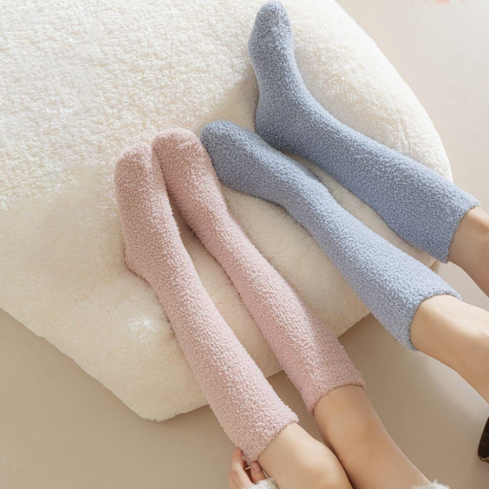 3Pairs Simple Floor Plush Socks Winter Knee High Stockings Winter Thicken Stockings For Female Men