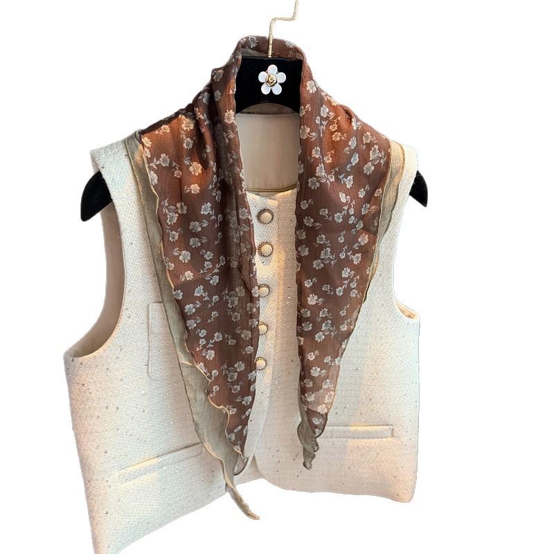 Literary small floral cotton and linen headband silk scarf women's spring and autumn waist scarf versatile decorative scarf headscarf triangular scarf