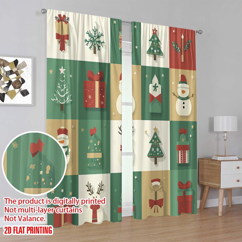 Set Of 2 Plane Printing Curtains Digital Printed Christmas Tree Snowman Reindeer Gift Versatile Fabric Without Rod All Made Polyester