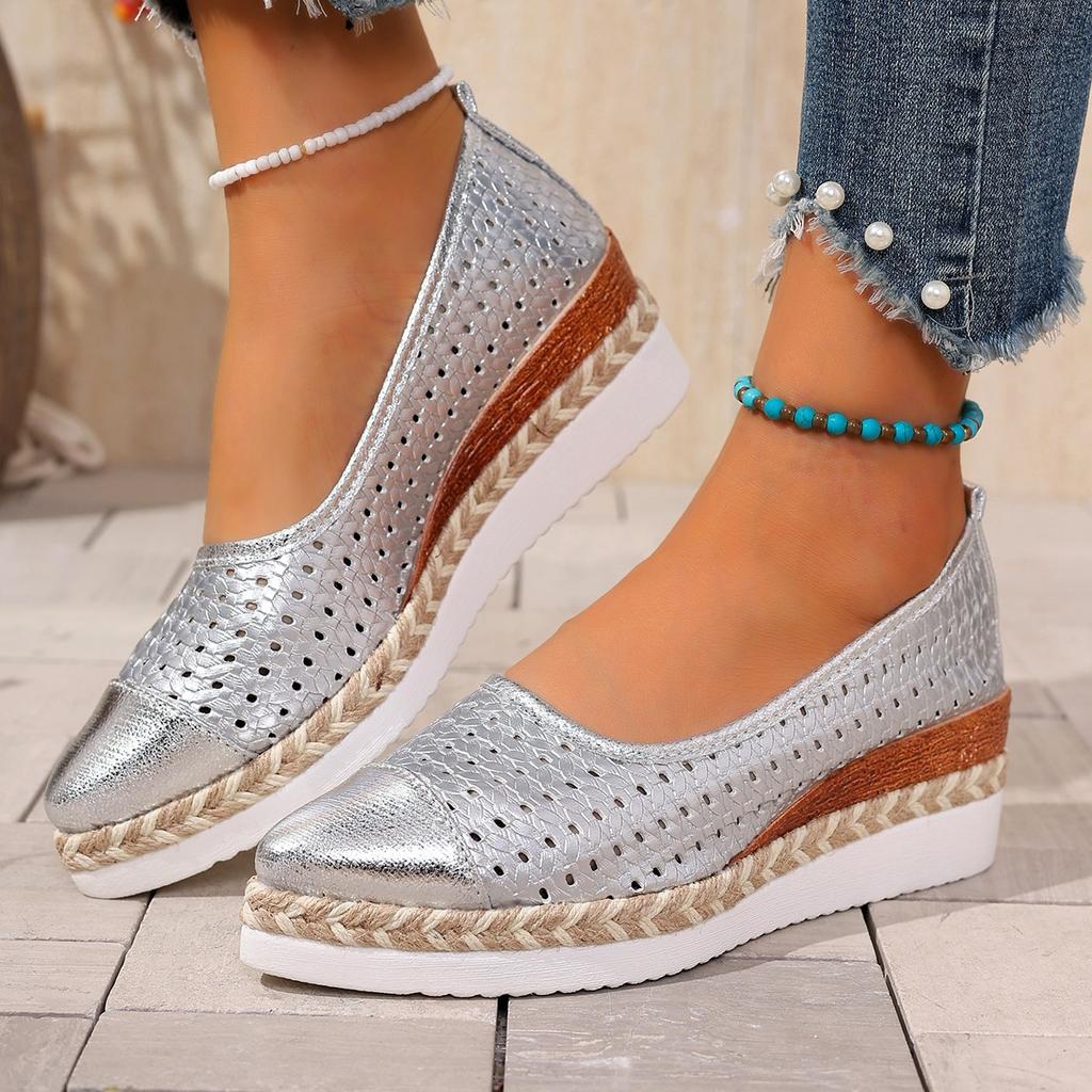 Damen Espadrille Flats in weiter Weite: Atmungsaktive Strick-Keil-Sling-Pumps mit spitzer Zehenpartie für Damen, lässige Komfort-Sommerschuhe