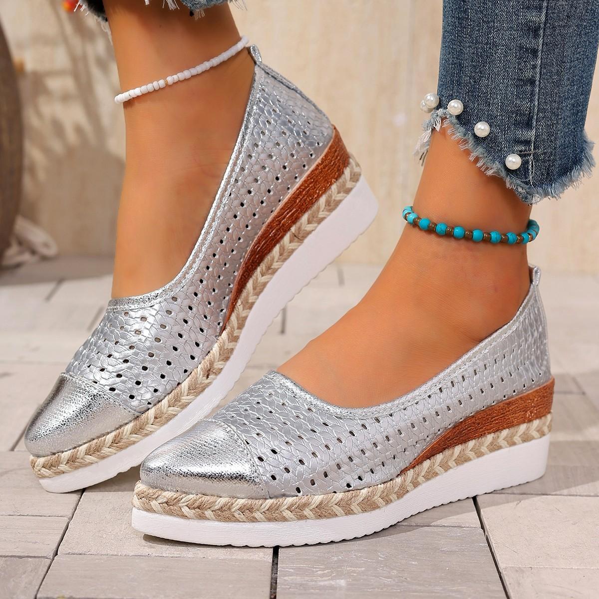 

Женские эспадрильи на плоской подошве широкой полноты: Дышащие вязаные туфли-клинья на веревочной подошве слипоны с острым носком для женщин, летняя повседневная удобная обувь 43 серебряный