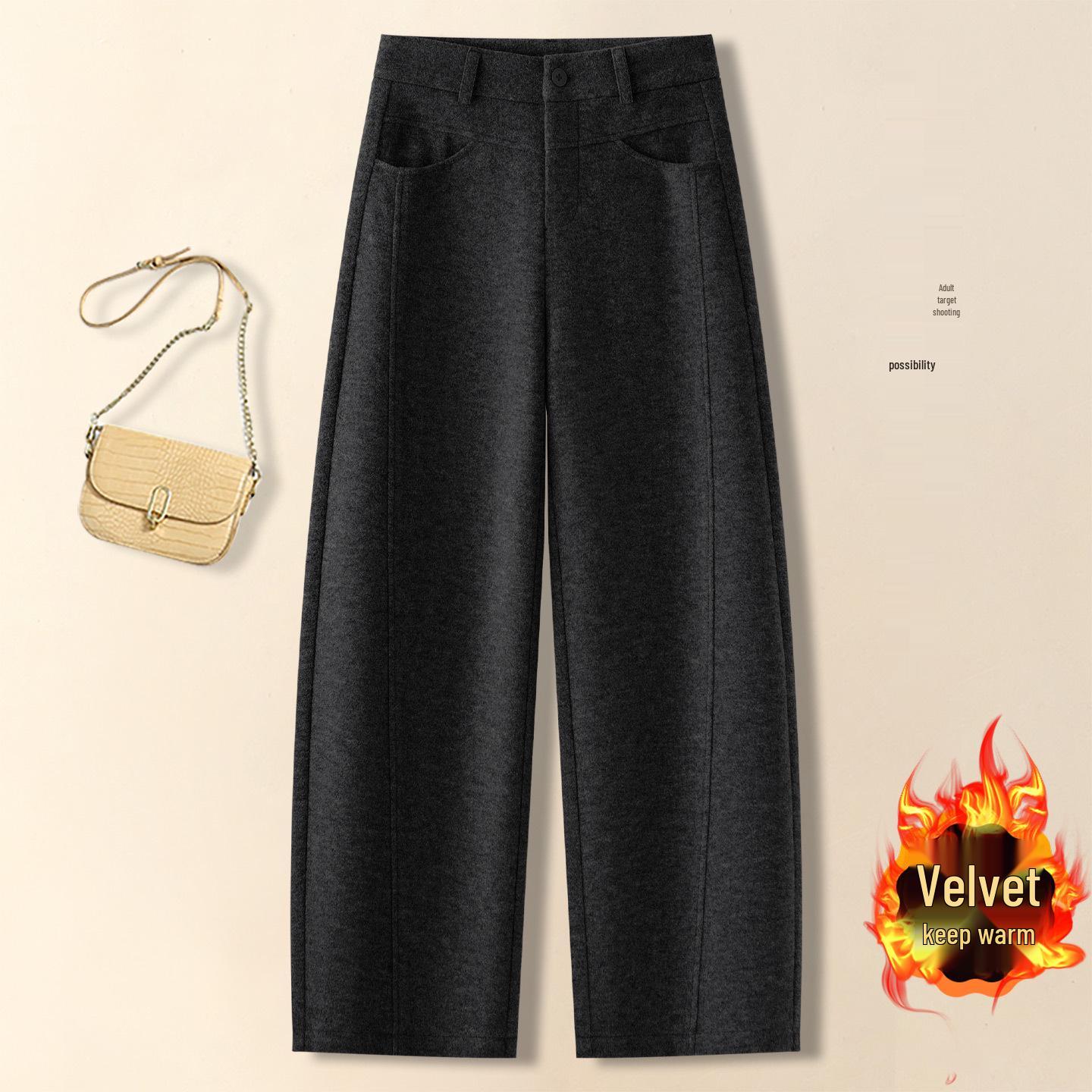

Women s High-end Wool Wide-leg Cropped Pants - Autumn/Winter 2025 Slimming Velvet, Casual Twill Style 31 черный серый